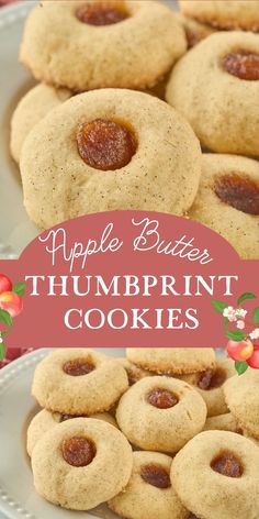 apple butter thumbnut cookies on a plate with the words, apple butter thumbnut cookies