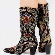 Color Lined Tapestry Helen's Heart Couture Bling Boots Made With Silk, Linen, And Cotton Mix Fabric Featuring Hand Sewn Crystals Following The Floral Patterns. Optional Matching Jackets Are Available. Please Inquire On Exact Whole Size Designer Embellished Black Boots, Luxury Embellished Boots For Fall, Designer Embellished Boots For Fall, Heart Couture, Bling Boots, Matching Jackets, Boot Bling, Heart Shoes, Boho Style Outfits