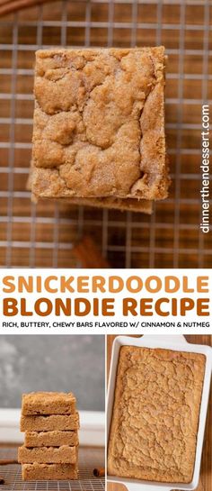 the recipe for snickker doodle blondie bars is shown in three different pictures