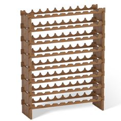 a wooden wine rack with several rows of bottles on it's sides and two shelves