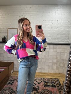 Get ready to let loose with our Girls Weekend Sweater! This fun and playful multi-colored checkered sweater not only adds a pop of color to your wardrobe, but also guarantees a weekend filled with laughs and good times. Don't miss out on this quirky and unique addition to your closet! Alexa is wearing a small. Dressy Jeans Outfit, Weekend Sweater, Checkered Sweater, Jean Outfit, Blue Checkered, Girls Boutique, Girls Weekend, Spring Looks, Girls Sweaters