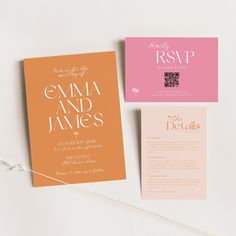 wedding stationery with pink, orange and white designs on the front and back cover