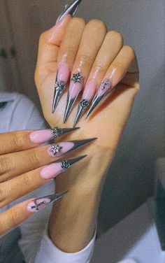 Chrome Nails Stiletto, Chrome Stiletto Nails, Nails Space, Stilleto Nails Designs, Almond Acrylic, Curved Nails, Nails Stiletto, Pink Ombre Nails, Stiletto Nails Designs