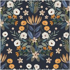 a floral wallpaper with orange, white and blue flowers on a dark gray background