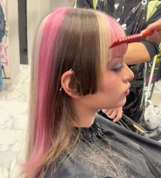 Neopolitan Hair Curly, Scene Hair Color Ideas, Nepolian Hair, Neopolotin Hair, Neopolitan Hair Highlights, Neapolitan Hair, Scene Hair Colors, Light Pink Hair, Dyed Hair Inspiration