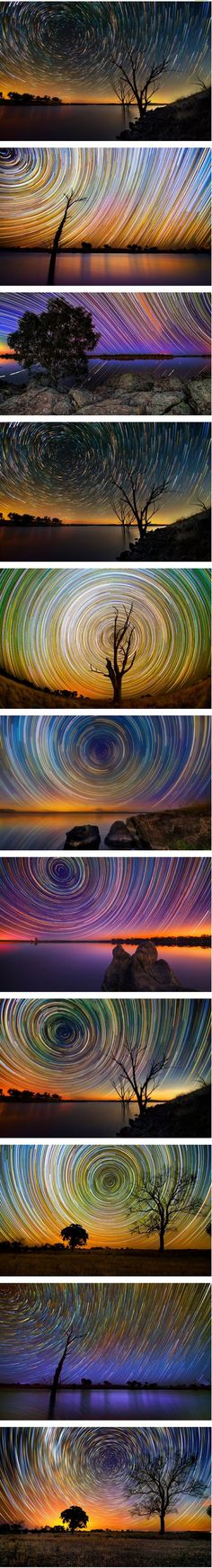 four different images of the same sky with trees and clouds in each photo, one is colorful