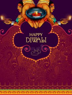 happy diwali greeting card with two hands holding a plate and lit candles in the middle