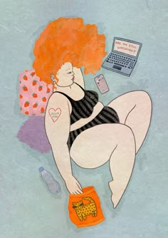 a drawing of a woman laying on the ground with a laptop and other items around her