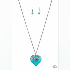 Chiseled Into A Flirtatious Heart Shape, A Refreshing Turquoise Stone Joins An Ornate Copper Heart Frame At The Bottom Of A Lengthened Copper Chain For A Whimsical Look. Features An Adjustable Clasp Closure. Sold As One Individual Necklace. Includes One Pair Of Matching Earrings Elegant Blue Jewelry With Heart Beads, Blue Heart Beads Heart-shaped Jewelry, Blue Heart-shaped Jewelry With Heart Beads, Copper Heart, Heart Frame, Copper Necklace, Copper Chain, Paparazzi Jewelry, Necklace And Earrings