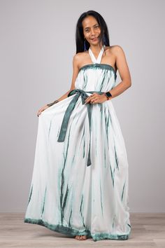 "Unique Hand dyed Shibori Maxi dress by Nuichan PRODUCT SIZE: One Size Fits Most * Top Chest : 28\"- max 38\" * Waist: up to 60\" * Hips: up to 60\" * Length: 50\" without the straps (top chest to hem) > The straps is 7\" NOTE : * Model chest : 32\", waist : 24\" hips : 35\" * Combined Height is 5\"6 > I'm 5\"2 (158cm) and I'm wearing 4\" heels in the pictures MATERIAL * Cotton Rayon * Accessories excluded * This is a summer cotton rayon fabric so the dress can be sheer and will be see thr Shibori Clothing, Shibori Dress, Tie Dye Shibori, Summer Cotton Dress, Tye Dye Dress, Long Black Maxi Dress, Summer Tie Dye, Shibori Tie Dye, Long Dress Design