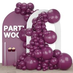 purple balloons are floating in the air next to a sign that says party woof