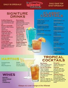 a menu for cocktails with different drinks