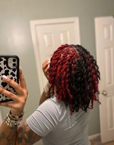 Red Locs Natural Hair, Red Loc Tips, Under Color Locs, Cute Colors To Dye Your Locs, Half Red Half Black Locs, Skunk Stripe With Locs, Short Locs Color Ideas, Died Locs Ideas, Color Combos For Locs