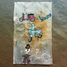 a piece of paper with some drawings on it and a woman riding a scooter