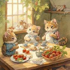 three kittens sitting at a table with tea cups and fruit in front of them