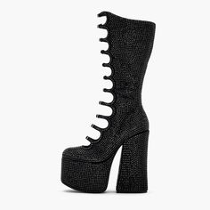 Elevate your style with these black buckle strappy chunky heel platform mid calf rhinestone boots. Featuring a bold design with rhinestone embellishments, buckle details, chunky heels, and knee-high length for a striking look. Color: Black Material: Vegan suede Heel Type: Chunky heel Heel Height: 6.30" / 160 mm approx Platform Height: 3.15'' / 80 mm approx Product measurements were taken using size 8. Please note that measurements may vary by size. Toe: Round toe All-over rhinestone design Buckl Studded Party Platform Boots With Round Toe, Studded High Heel Platform Boots For Party, Black Chunky Platform Mid-calf Boots For Party, Party Black Mid-calf Boots With Chunky Platform, Black Studded Platform Boots For Party, Black Platform Mid-calf Boots For Party, Black High Heel Boots With Bling, Glamorous Black Platform Boots For Evening, Rhinestone Boots