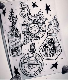 an ink drawing of three bottles with plants in them and stars on the wall behind it