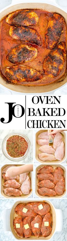 an ovened chicken dish is shown with instructions for how to cook it in the oven