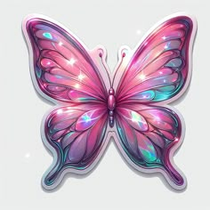 a pink and blue butterfly sticker on a white background with sparkles in the wings