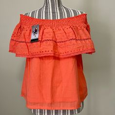 New Sofia Vergara Off The Shoulder Blouse. Sweet Eyelet Detailing On Ruffle. Wear Off The Shoulder Or Not. Pair It With Some White Jeans Or Shorts For A Perfect Summer Look. Summer Off-shoulder Tops With Lace Trim, Summer Lace Trim Off-shoulder Tops, Off-shoulder Lace Trim Summer Tops, Off-shoulder Lace Trim Top For Summer, Orange Off-shoulder Top For Spring, Orange Beach Blouse, Summer Peasant Top, Sofia Vergara Dress, Peplum Crop Top