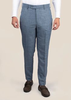 Mid Blue Hopsack Pants - SARTORO Tailored Linen Pants For Business, Blue Linen Pants With Tapered Leg, Business Casual Blue Linen Bottoms, Blue Linen Tapered Leg Pants, Blue Linen Bottoms For Business Casual, Business Linen Tapered Leg Dress Pants, Classic Blue Linen Pants, Straight Leg Linen Dress Pants For Business, Linen Straight Leg Dress Pants For Business