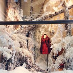 a display case with snow covered trees and mannequins dressed in red clothing