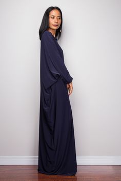 "Navy Blue Kaftan Dress, Maxi Dress, Long boho dress, Loose fit dress, Modest dress, Dark Blue kaftan with pockets PRODUCT SIZE : One Size Fits Most * Chest : free up to 58\" * Waist : free up to 58\" * Hips : free up to 58\" * Circumference bottom hem : 45\" * Length : 56\" * Sleeve length : 23\" MATERIAL * Spandex Venetia * Zipper on the back MODEL : * Model chest : 32\", Height 160 cm (5.2) without high heel * Accessories excluded Produced by NUICHAN IMPORTANT NOTE *Please note that colours s Blue Kaftan Dress, Long Boho Dress, Blue Kaftan, Dress Loose Fit, Loose Fit Dress, Kaftan Top, Dress Dark Blue, Boho Dresses Long, Dress Modest