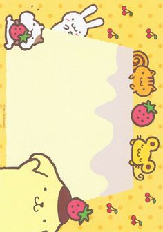 an image of a yellow background with cartoon animals and strawberries on the bottom right corner