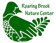 the roaring brook nature center logo with a green bird on it's head and text reading roaring brook nature center