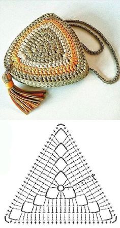 a crocheted purse with a tasselled strap and an image of the pattern