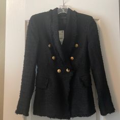 Black Blazer With Gold Buttons. Faux Pockets. Measures 24 Inches Long And 17 Inches Wide From Armpit To Armpit When Flat And Buttoned. Bought In The Uk So Price On Tag Is In Pounds. Brand Nwt! Zara Blazer For Winter Night Out, Zara Winter Blazer For Night Out, Zara Black Fall Blazer, Zara Black Blazer For Fall, Black Blazer With Gold Buttons, Blue Blazer Women, Peplum Blazer, Tailored Coat, Belted Blazer