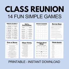 the printable class reunion game is shown in black and white, with instructions for each student