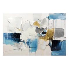 an abstract painting with blue, white and gold colors on the bottom half of it