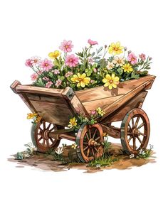 an old wooden wagon filled with flowers