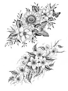 some flowers and butterflies are drawn in black ink