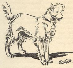 an old drawing of a dog standing next to a bone on the ground with its mouth open