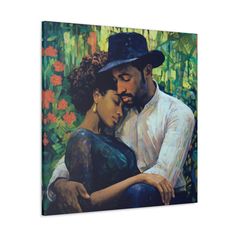 a painting of a man and woman embracing each other in front of colorful flowers on a green background