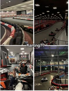 several pictures of people riding go kartings in an indoor area with lights on