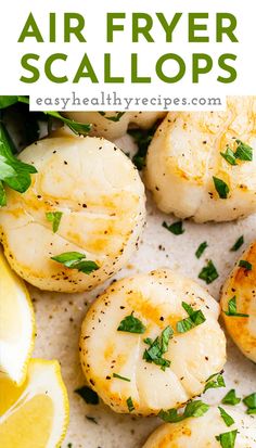 air fryer scallops with lemons and parsley on top