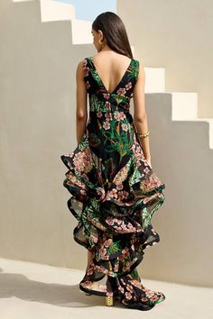 Multicolour dress with all over blossom print and tiered ruffle trail. - Aza Fashions Trail Dress, Blossom Print, Neck Ruffle, Modern Bride, Dress For Women, Women Dresses, Dress Pattern, Aza Fashion, Wearing Dress