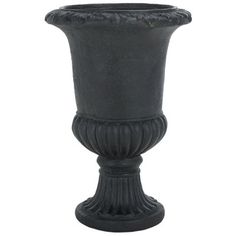 a black vase is shown on a white background