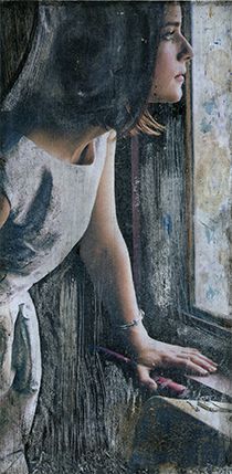 a painting of a woman looking out the window