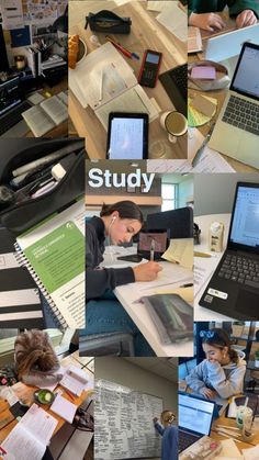 a collage of photos showing people working on laptops and books, with the words study above them