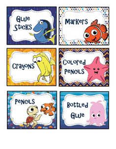 colorful classroom name tags with cartoon fish and sea animals