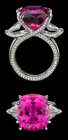 This dazzling ring features a juicy rubellite tourmaline and trillion-cut diamond side stones set in white gold. Gala Jewelry, Rings Beautiful, Vintage Sapphire Ring, The Dazzling, Rubellite Tourmaline, Sparkle Necklace, Women's Rings