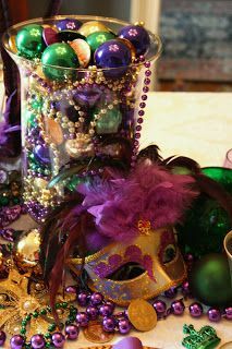 two pictures of mardi gras decorations, one in purple and the other in green