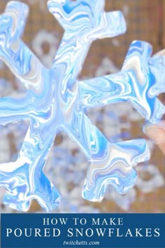 a snowflake is being held up in the air with text overlay that reads how to make poured snowflakes