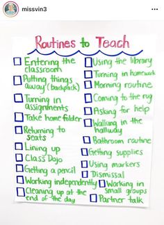 a white paper with green and blue writing on it that says radines to teach