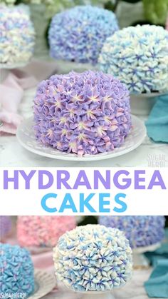 there are two different types of cakes on the table with text overlay that reads, how to make hydrangea cakes