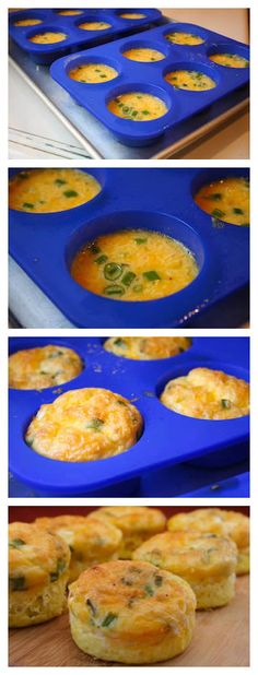 the process of making muffins with cheese and spinach in blue trays